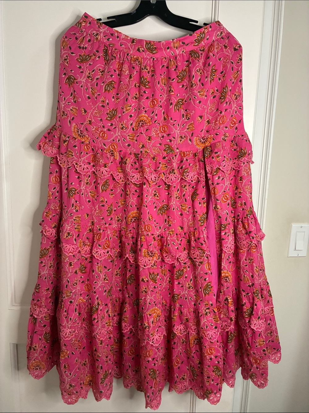 CAROLINE CONSTAS Tiered Floral Scallope Eyelet Maxi Skirt Pink M 👵MT